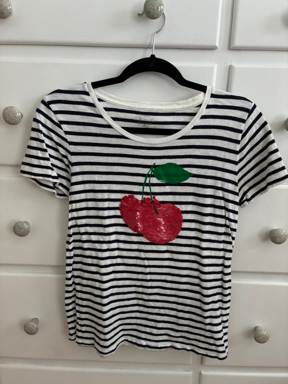 J. Crew Navy & White Striped Tee with Red Sequin Cherry